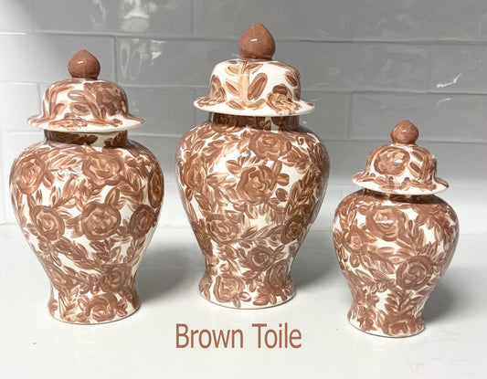 Monogram Ginger Jar - Woodland Collection - Floral Toile and Cattails with Dogs - 12”