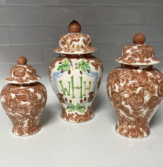 Monogram Ginger Jar Set - Woodland Collection - Floral Toile With Cattails Dogs Ducks