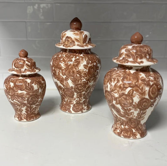Hand Painted Ginger Jars - Set of 3 - Floral Toile