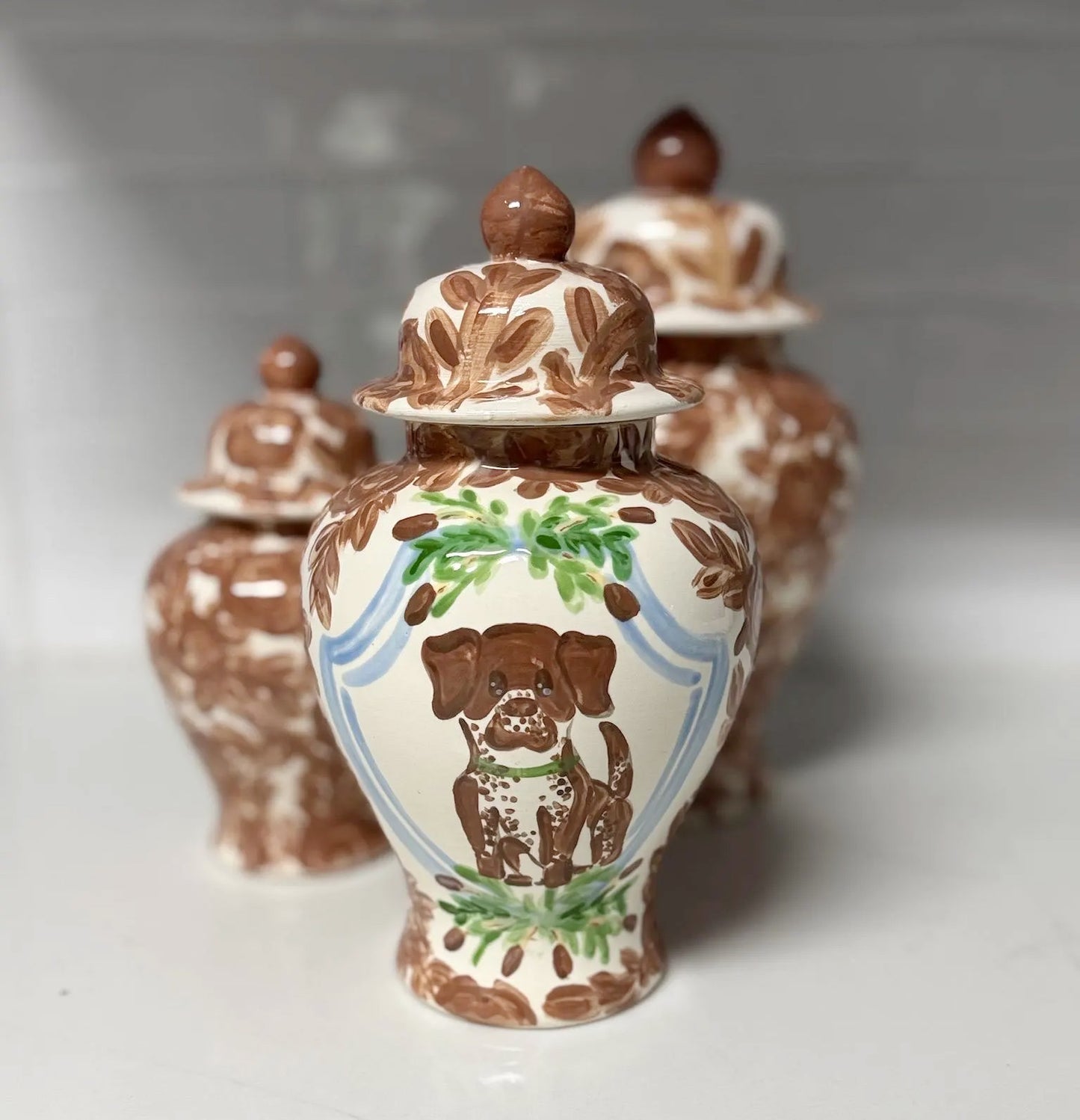 Monogram Ginger Jar Set - Woodland Collection - Floral Toile With Cattails Dogs Ducks