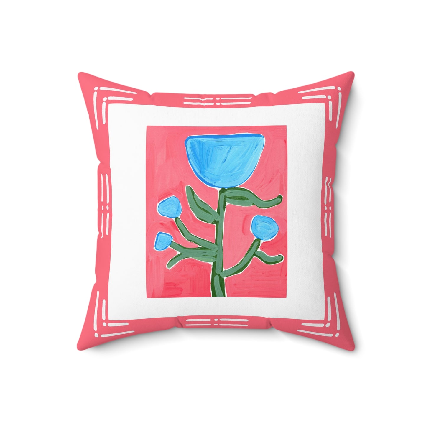 Floral Pillow, Blue Flowers on Watermelon Pink Background, Accent Pillow