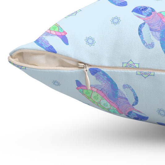 Sea Turtles With Sun Mandala Pillow - Blue