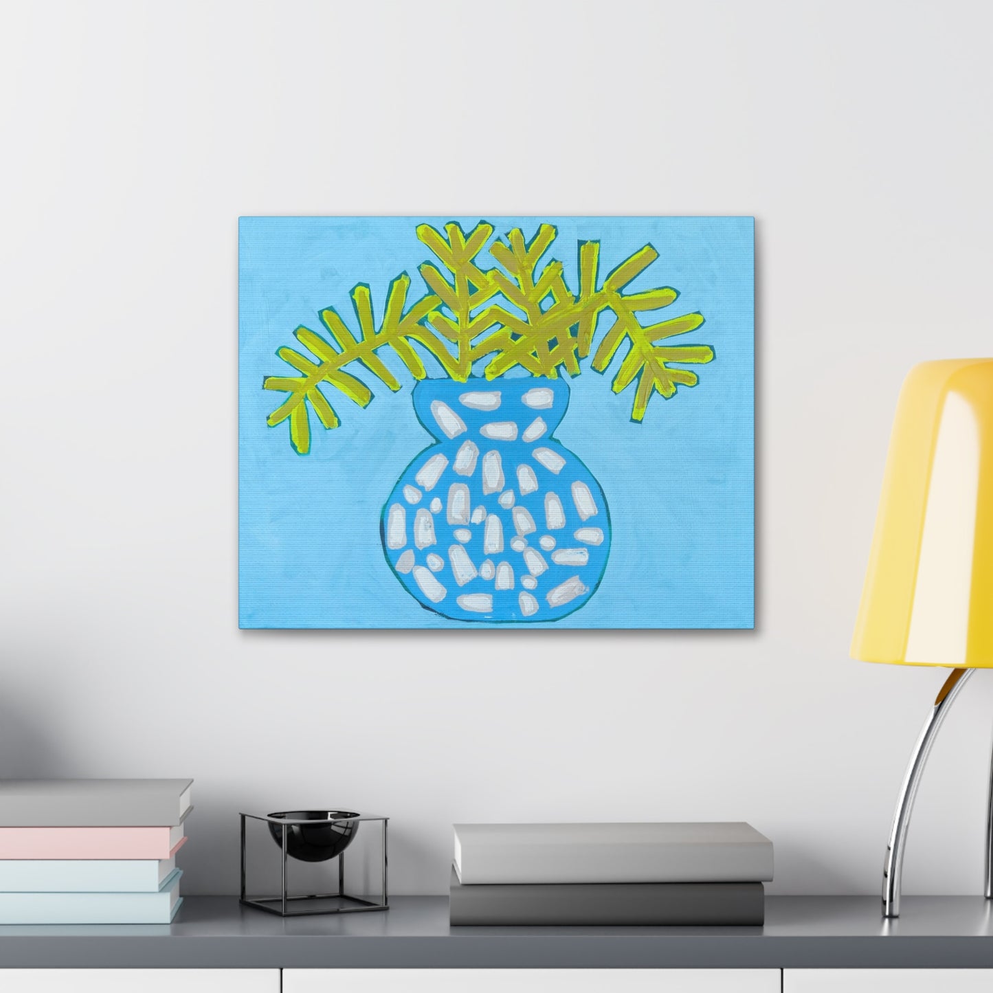 Canvas Print, Yellow Fern in a Blue Bowl, Floral Art