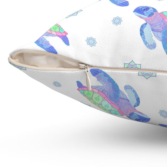 Sea Turtles With Sun Mandala Pillow - White