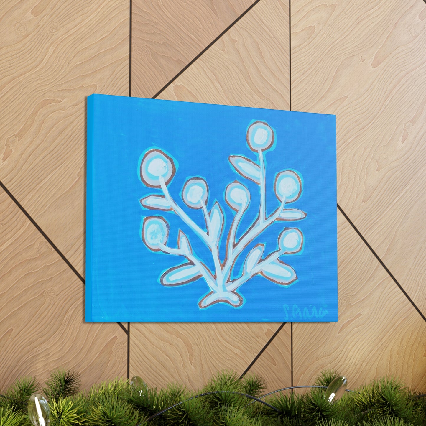 Canvas Print, White Blooms on Blue, Floral Art