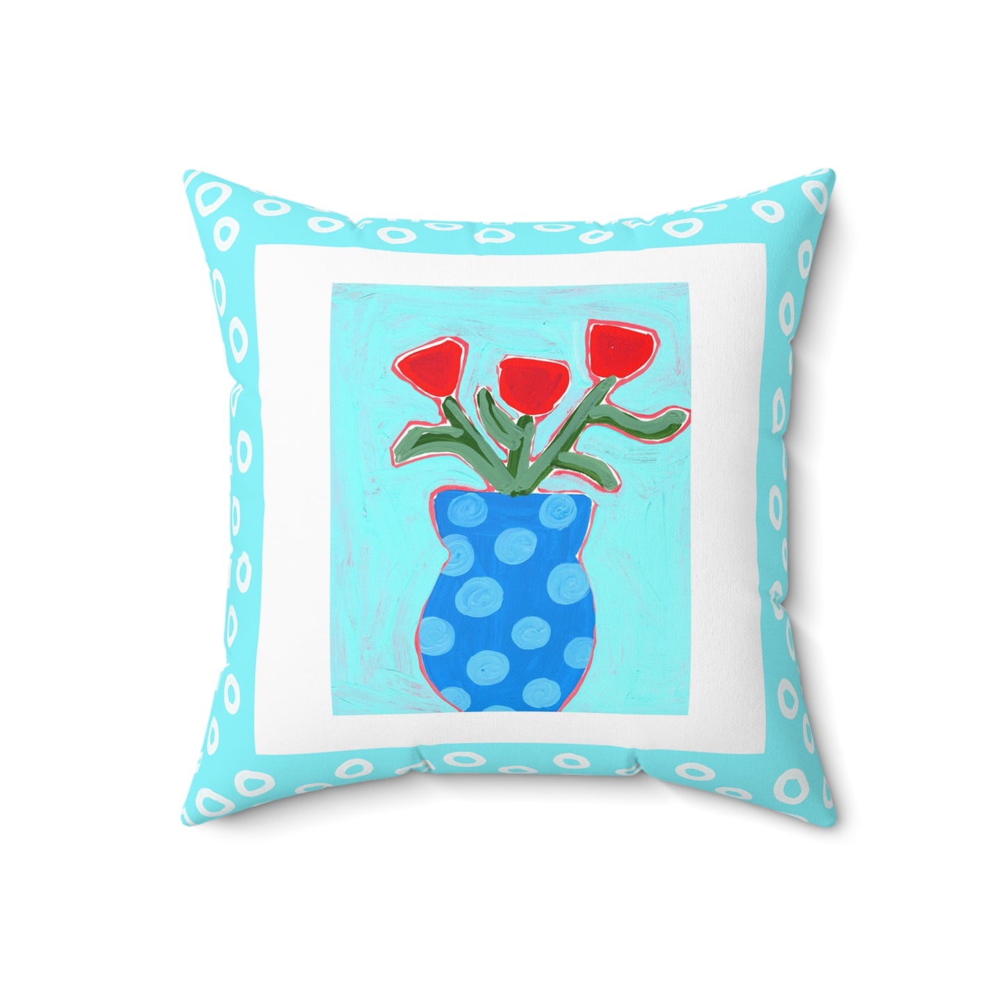 Floral Pillow, Red Flowers in Blue Vase on Turquoise Background, Accent Pillow