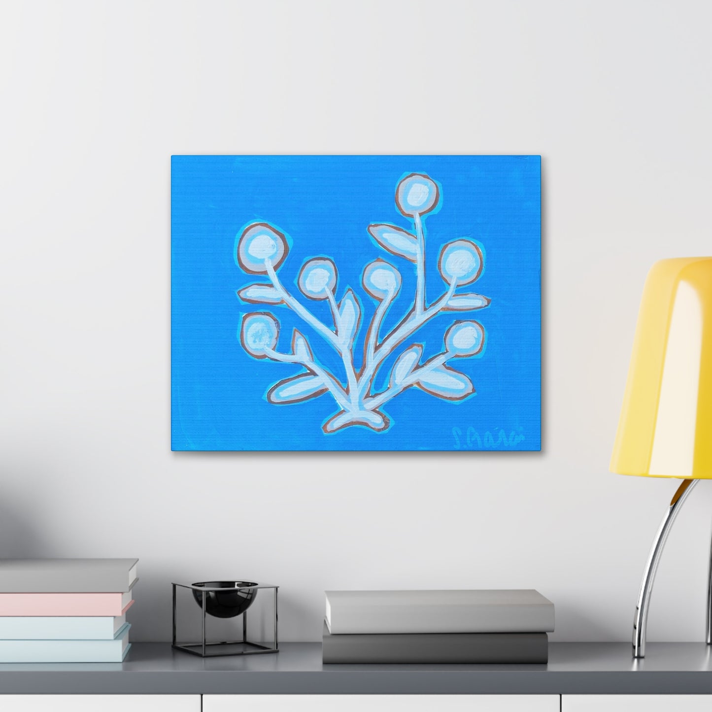 Canvas Print, White Blooms on Blue, Floral Art