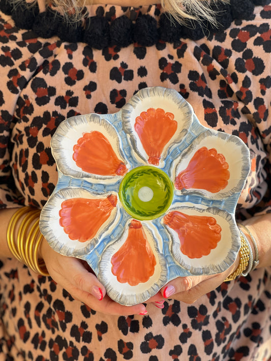 Hand Painted Cast Oyster Plate - Orange and Blue