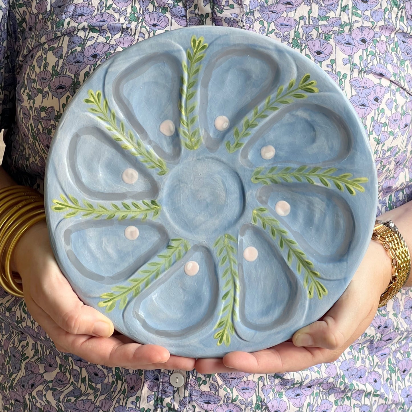 Hand Built Oyster Plate 9" in Pale Blue with Gray Pearls