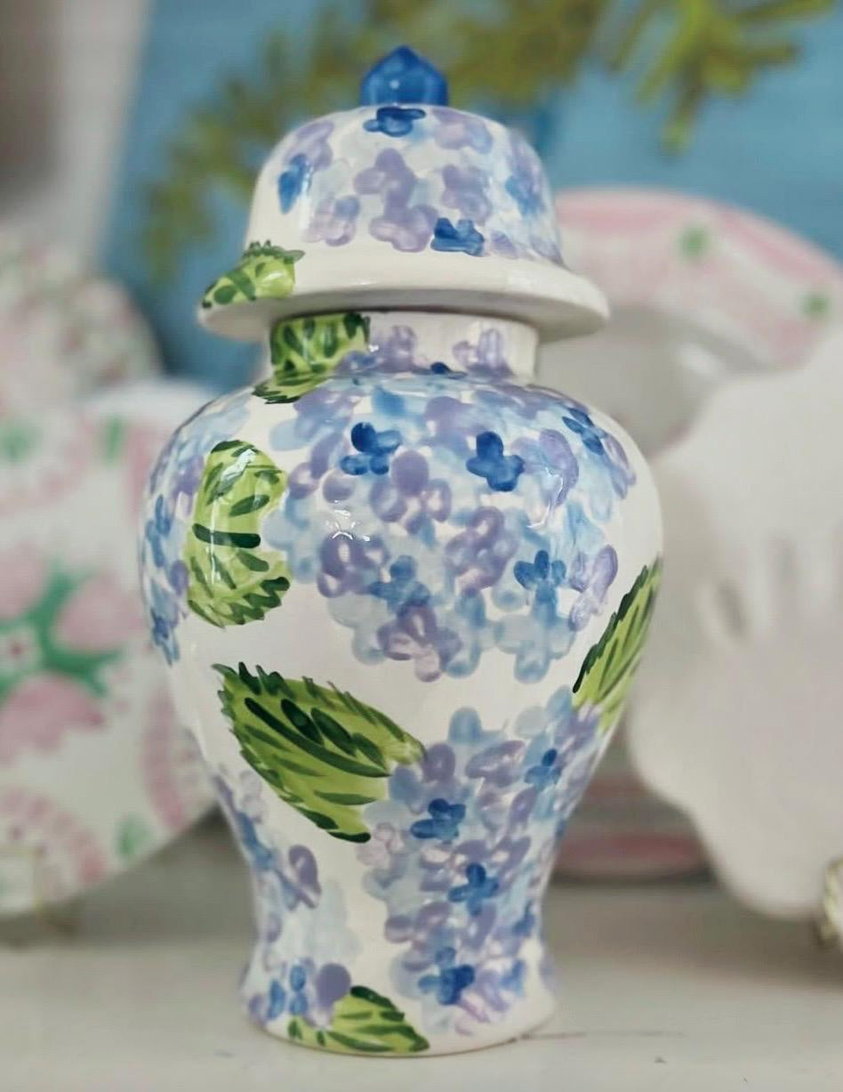 Hand Painted Ginger Jar 12" - Hydrangea Bouquets