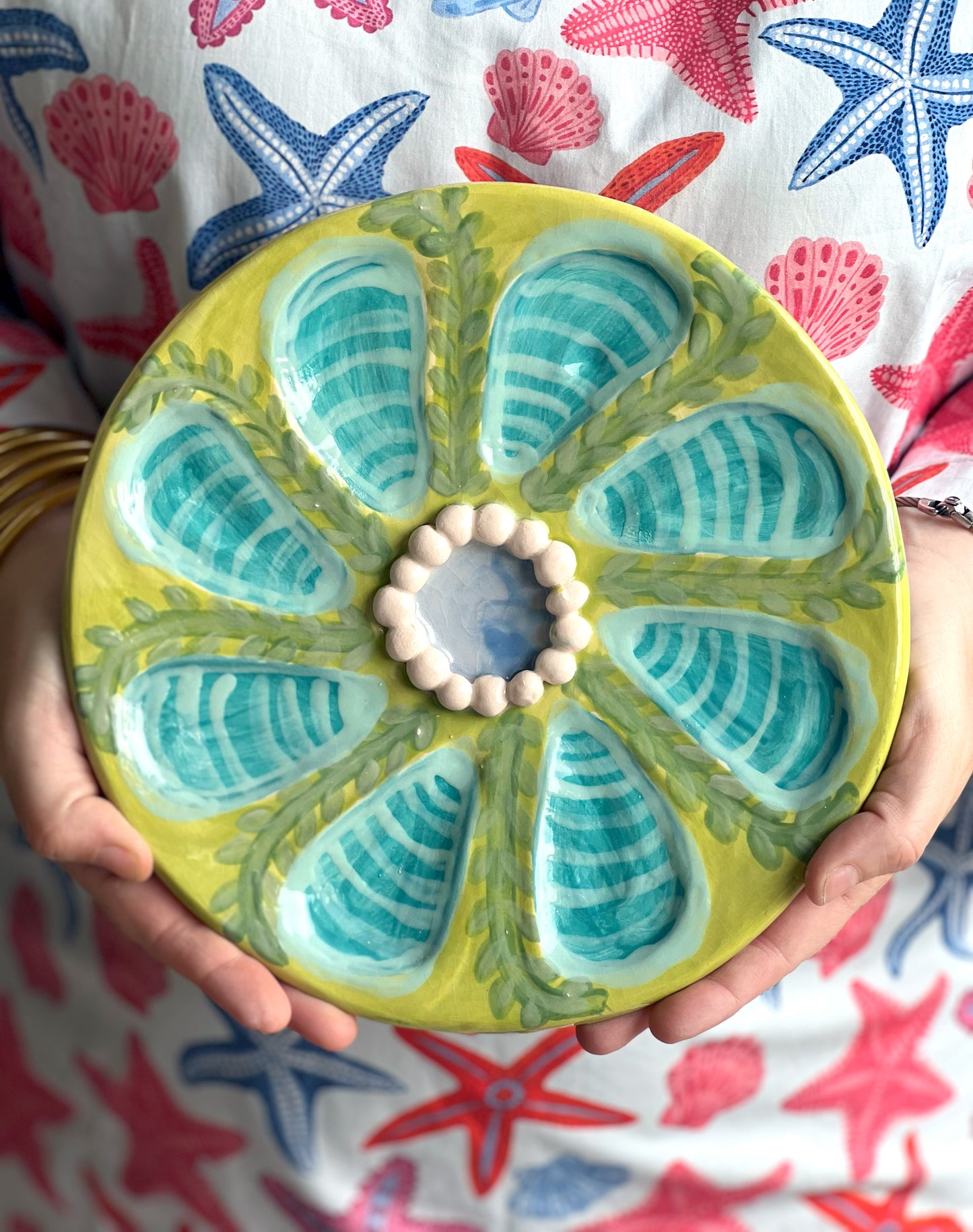 Hand Built Oyster Plate 9" in Green Botanical with Beaded Center