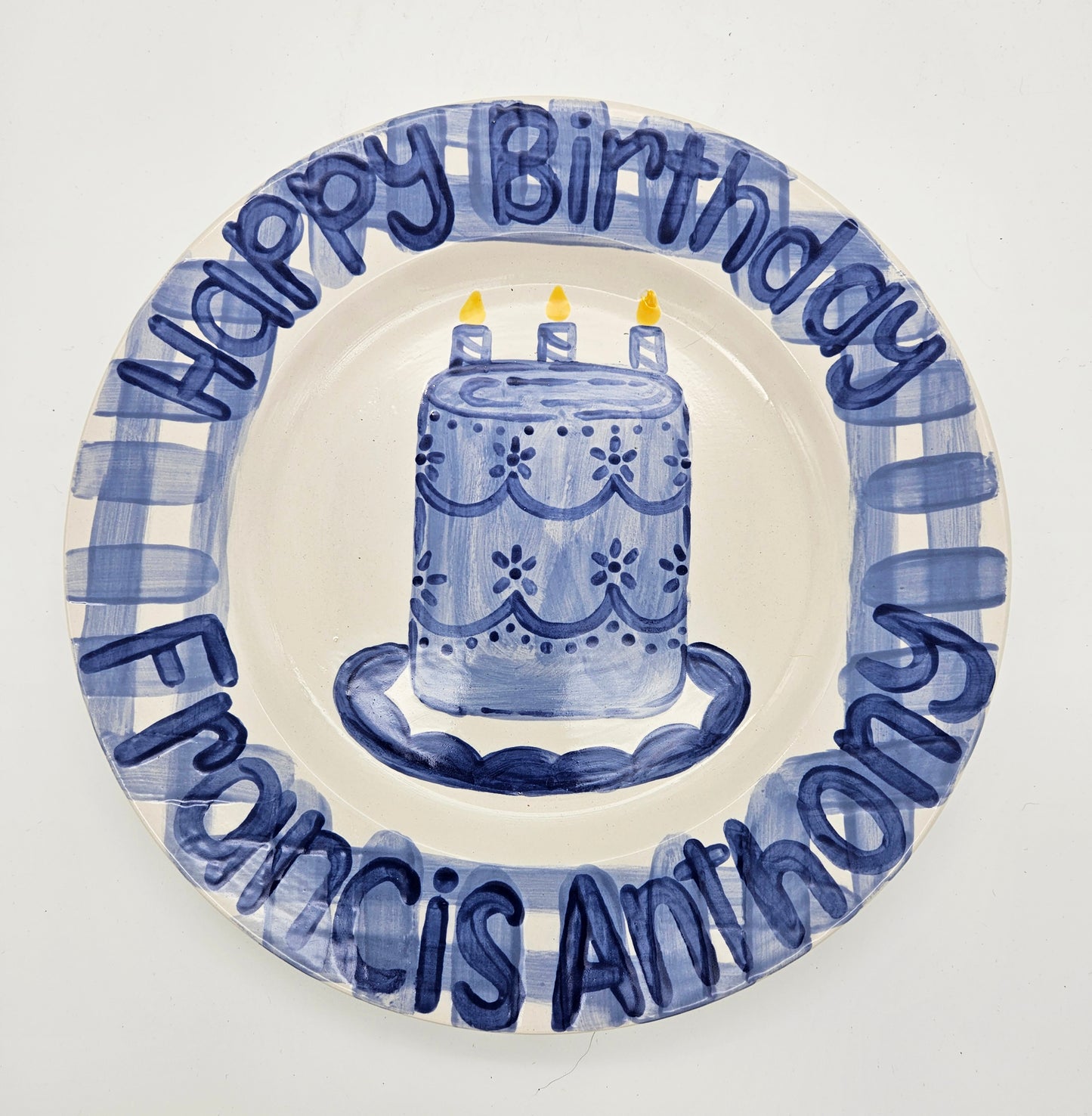 Birthday Plate - Cake With Blue Gingham Design