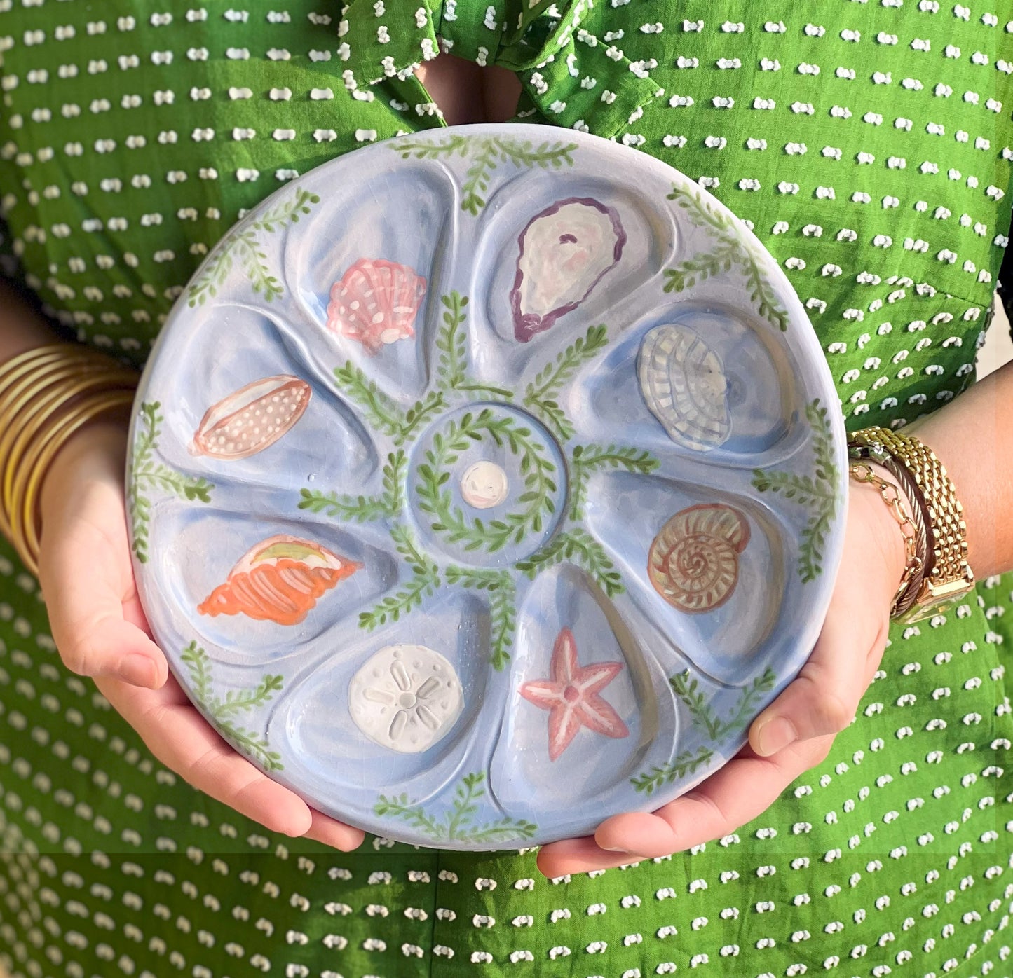 Hand Built Oyster Plate 9" in Pale Blue With Seashell Theme