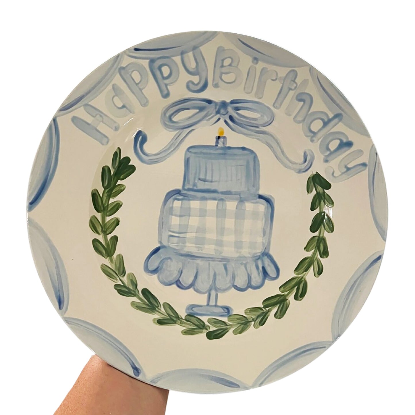 Birthday Plate - Gingham Cake with Wreath Design