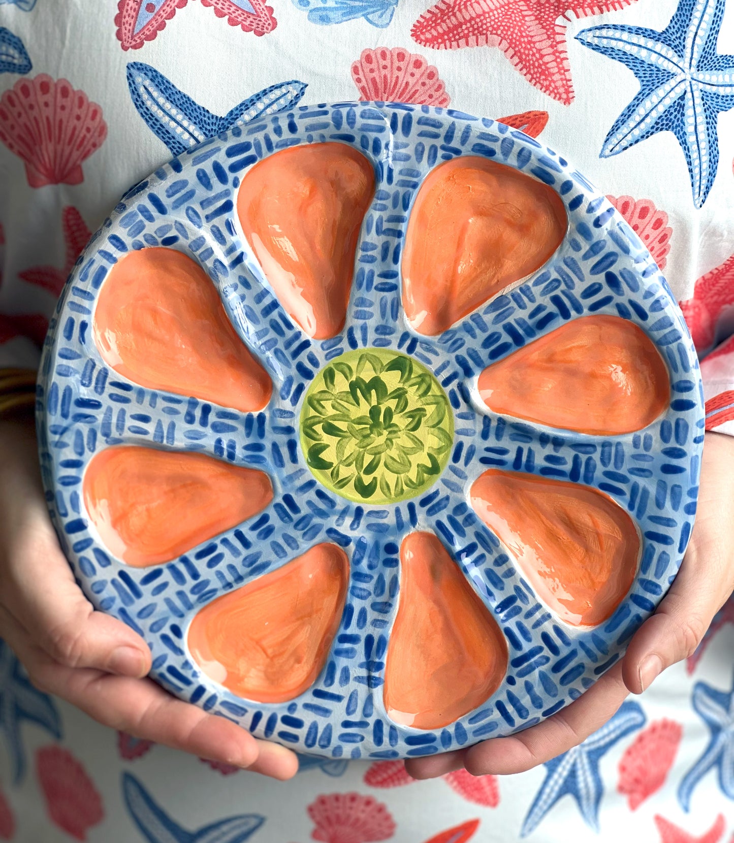 Hand Built Oyster Plate 9" in Blue and Orange Crosshatch