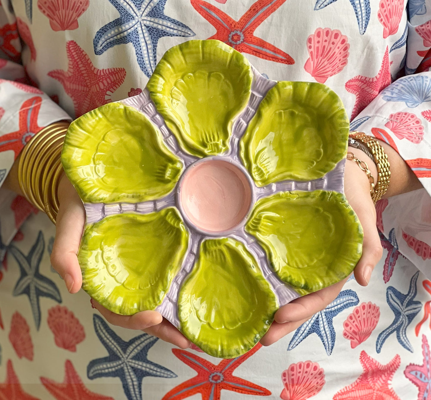 Hand Painted Cast Oyster Plate - Lavender and Chartreuse