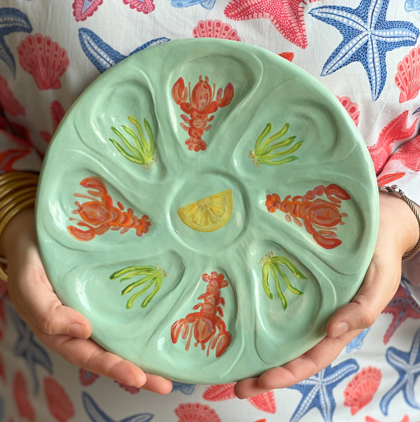 Hand Built Oyster Plate 9" in Pale Green With Lobster Motif
