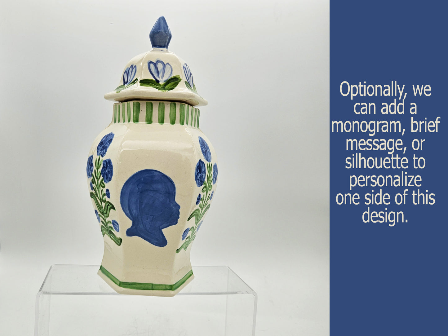 Hand Painted Ginger Jar Blue Asters Pattern - Large Hexagon