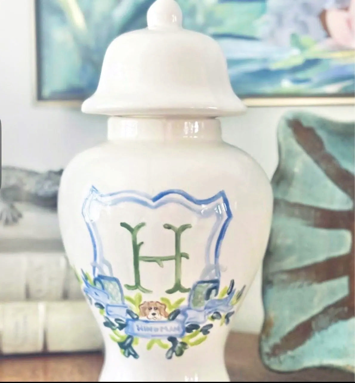 Hand Painted Monogram Ginger Jar 12" Crest With Pup