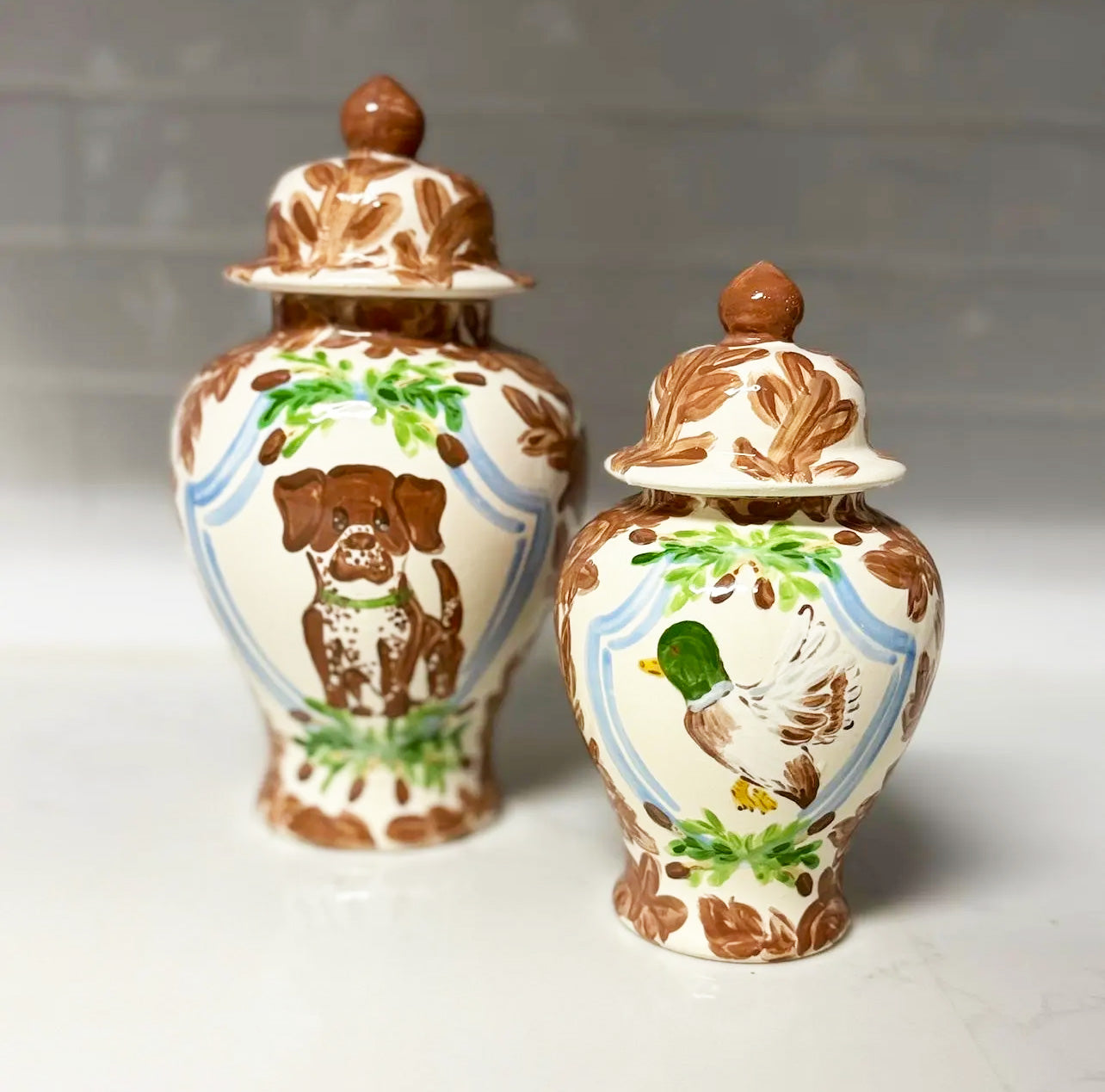 Hand Painted Ginger Jar Set - Woodland Collection - Floral Toile With Dog and Duck