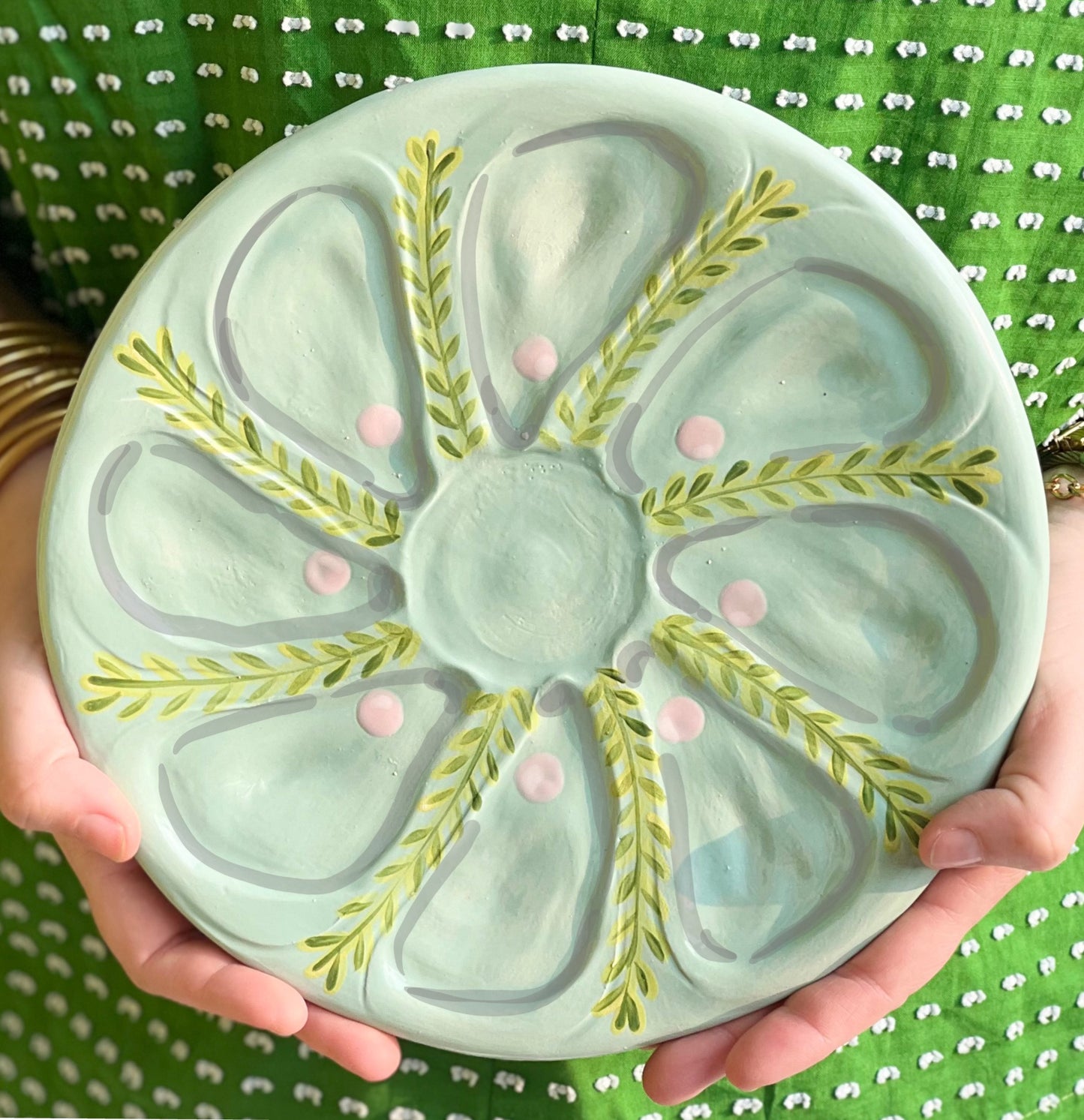 Hand Built Oyster Plate 9" in Pale Green With Pink Pearls