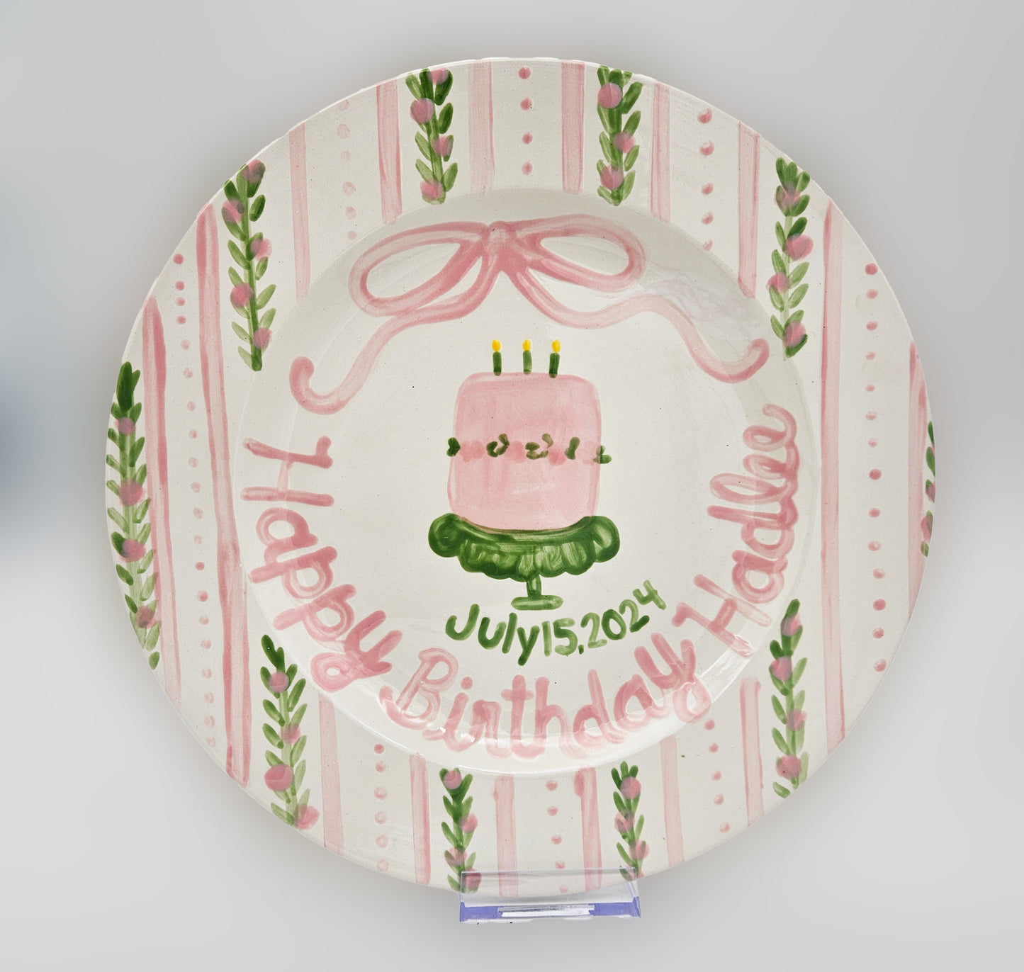 Birthday Plate - Pink Floral Vines and Stripes Border With Cake