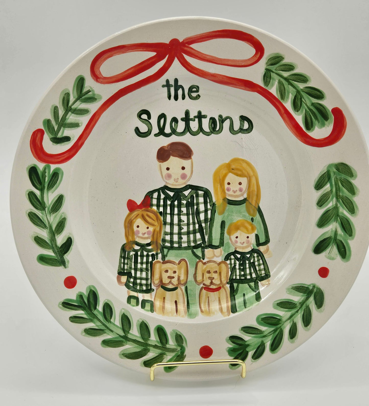Christmas Family Portrait Plate - Wreath and Bow - Multicolor