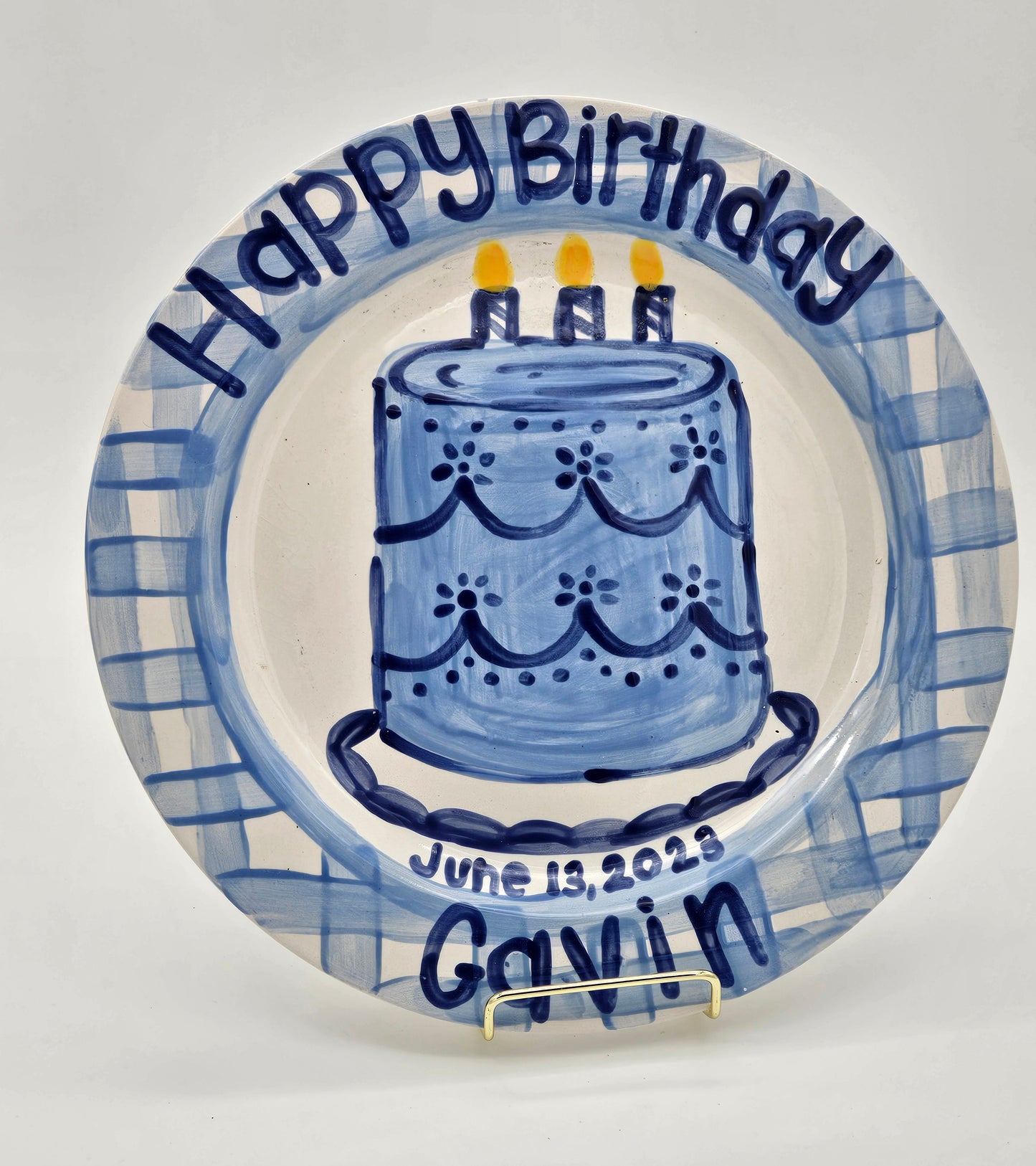 Birthday Plate - Cake With Blue Gingham Design