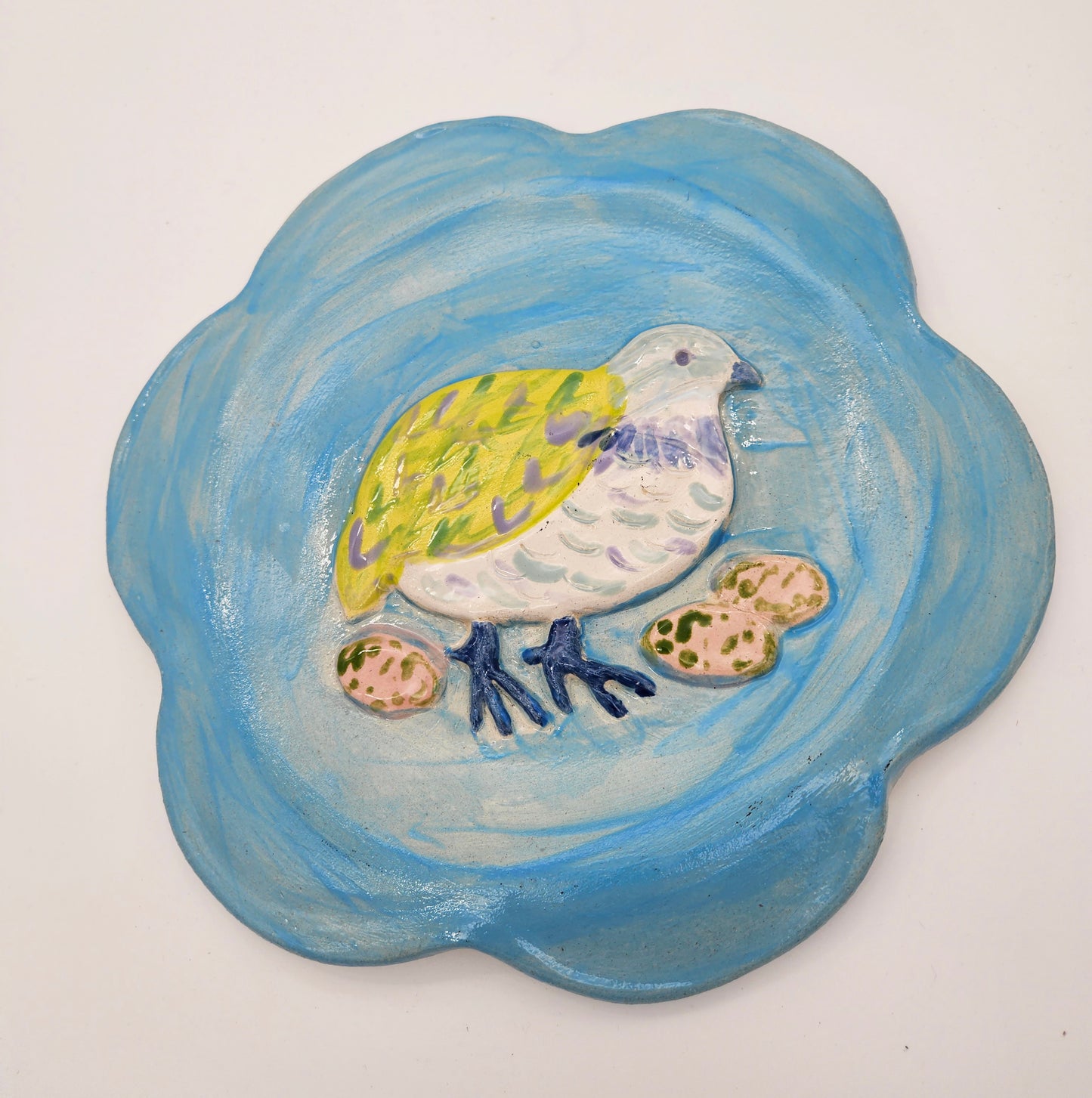 Scalloped Quail and Eggs Dish 11" - Artisan Pottery