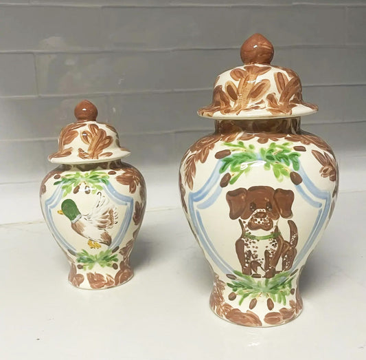 Hand Painted Ginger Jar Set - Woodland Collection - Floral Toile With Dog and Duck