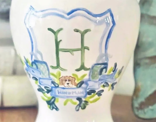 Hand Painted Monogram Ginger Jar 12" Crest With Pup