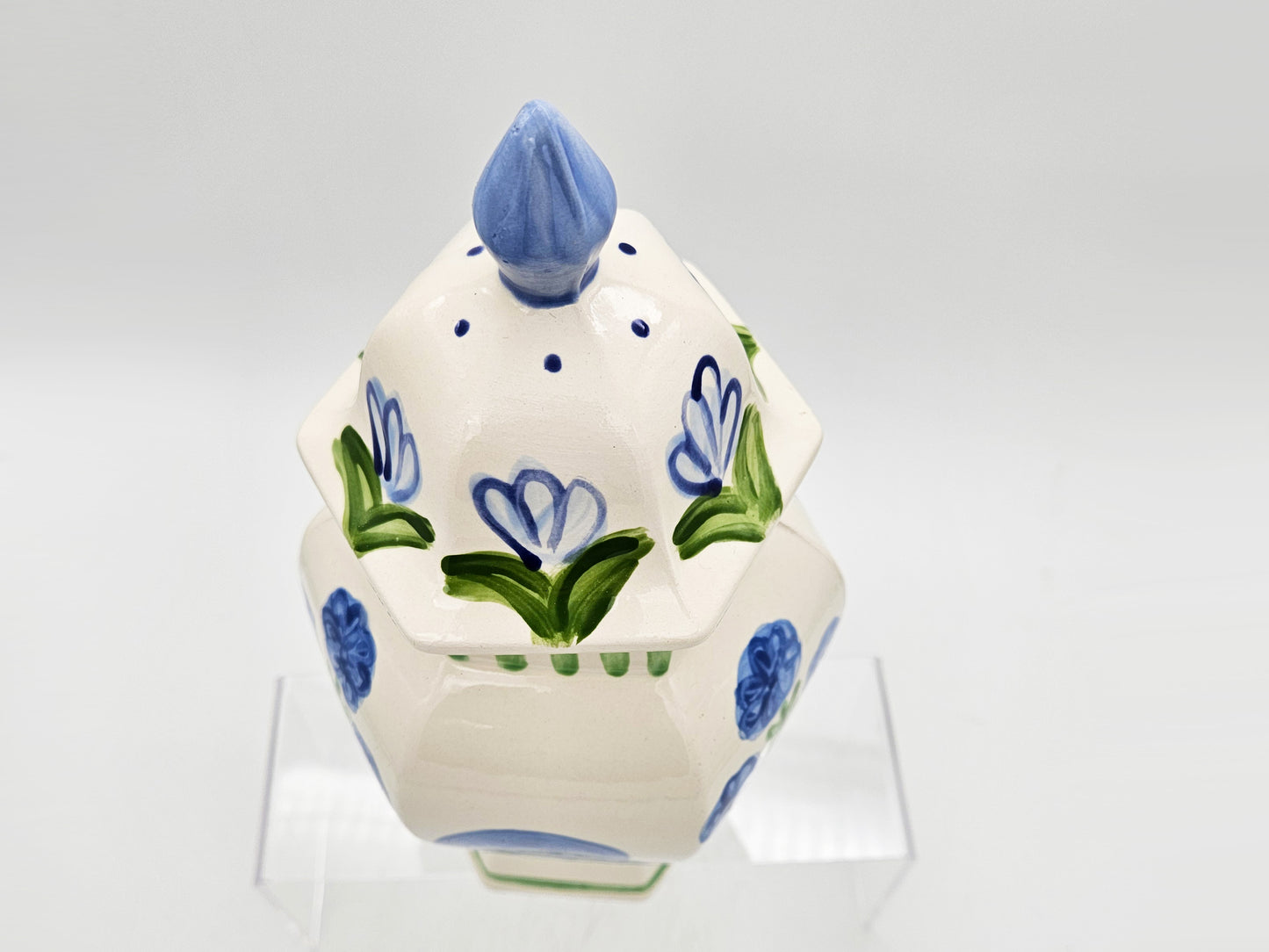 Hand Painted Ginger Jar Blue Asters Pattern - Large Hexagon