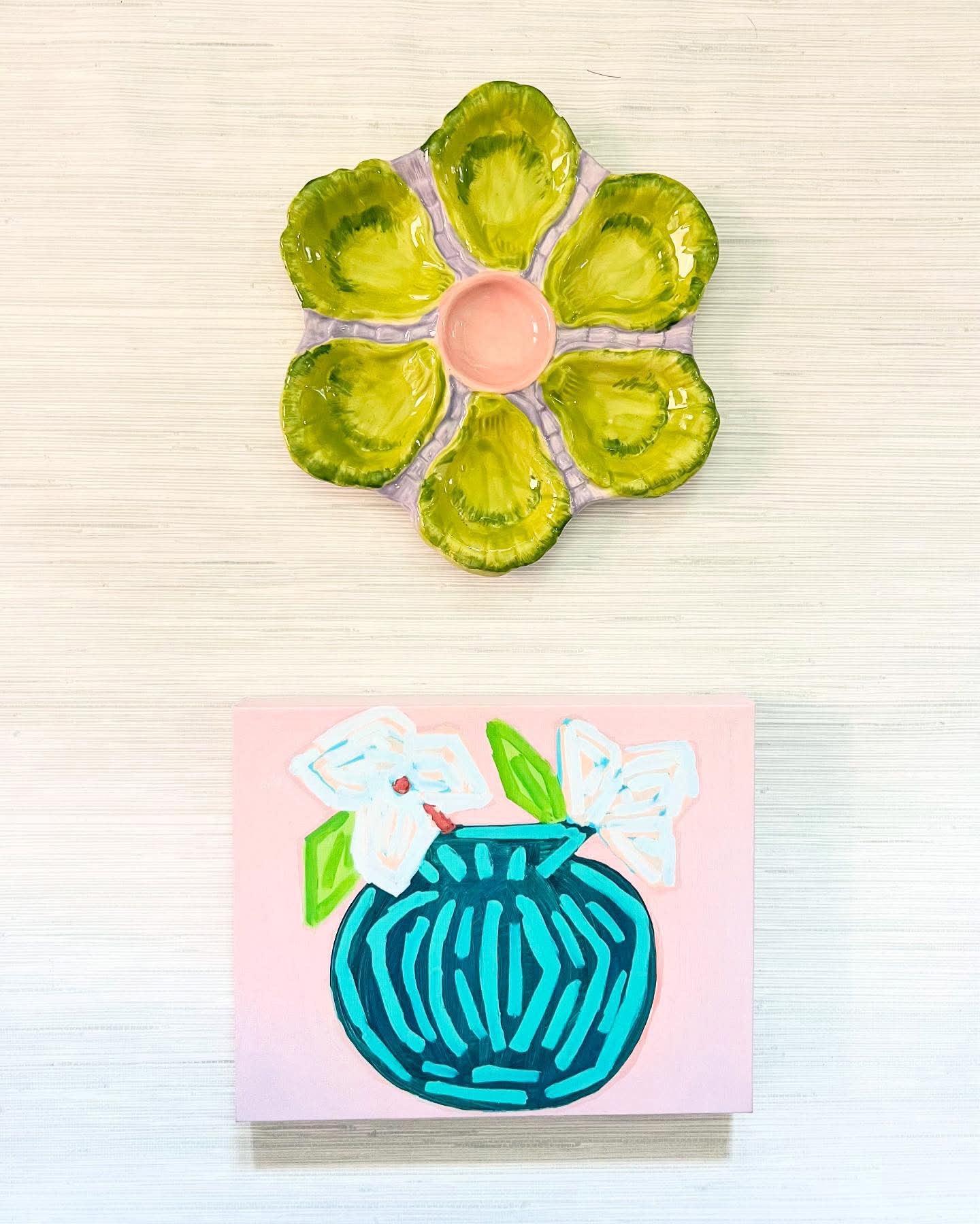Hand Painted Cast Oyster Plate - Lavender and Chartreuse
