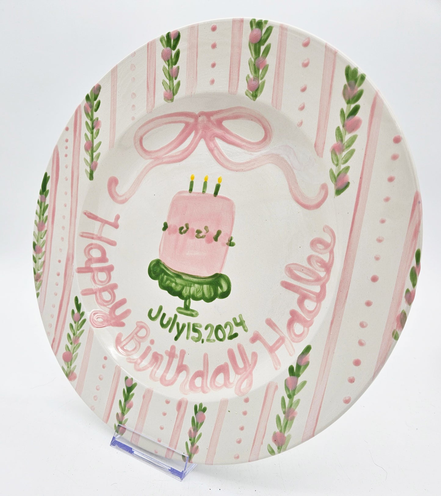 Birthday Plate - Pink Floral Vines and Stripes Border With Cake