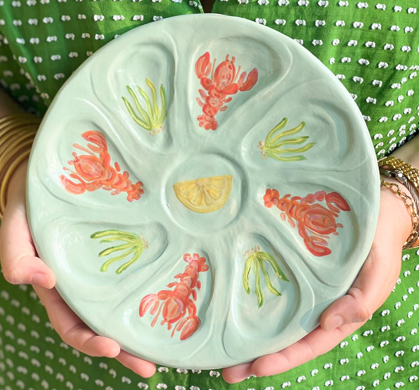 Hand Built Oyster Plate 9" in Pale Green With Lobster Motif