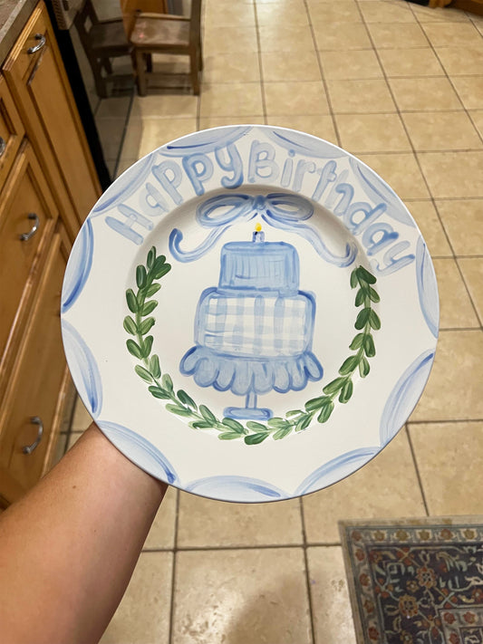Birthday Plate - Gingham Cake with Wreath Design