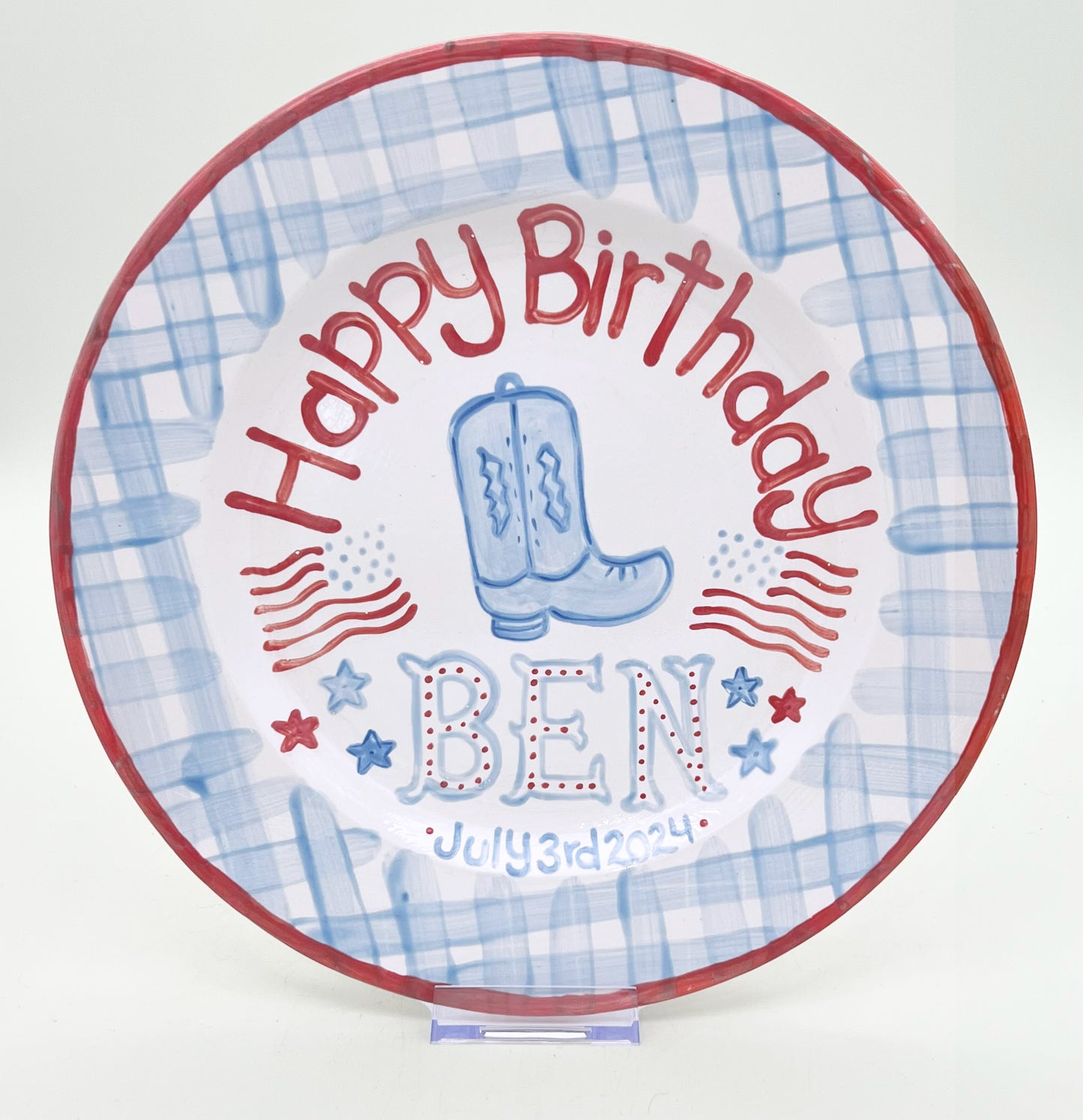 Birthday Plate - Gingham Border with Cowboy Boot and Flags 11"