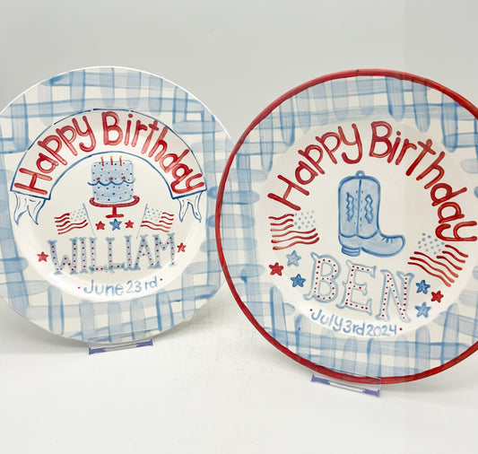 Birthday Plate - Gingham Border with Cowboy Boot and Flags 11"