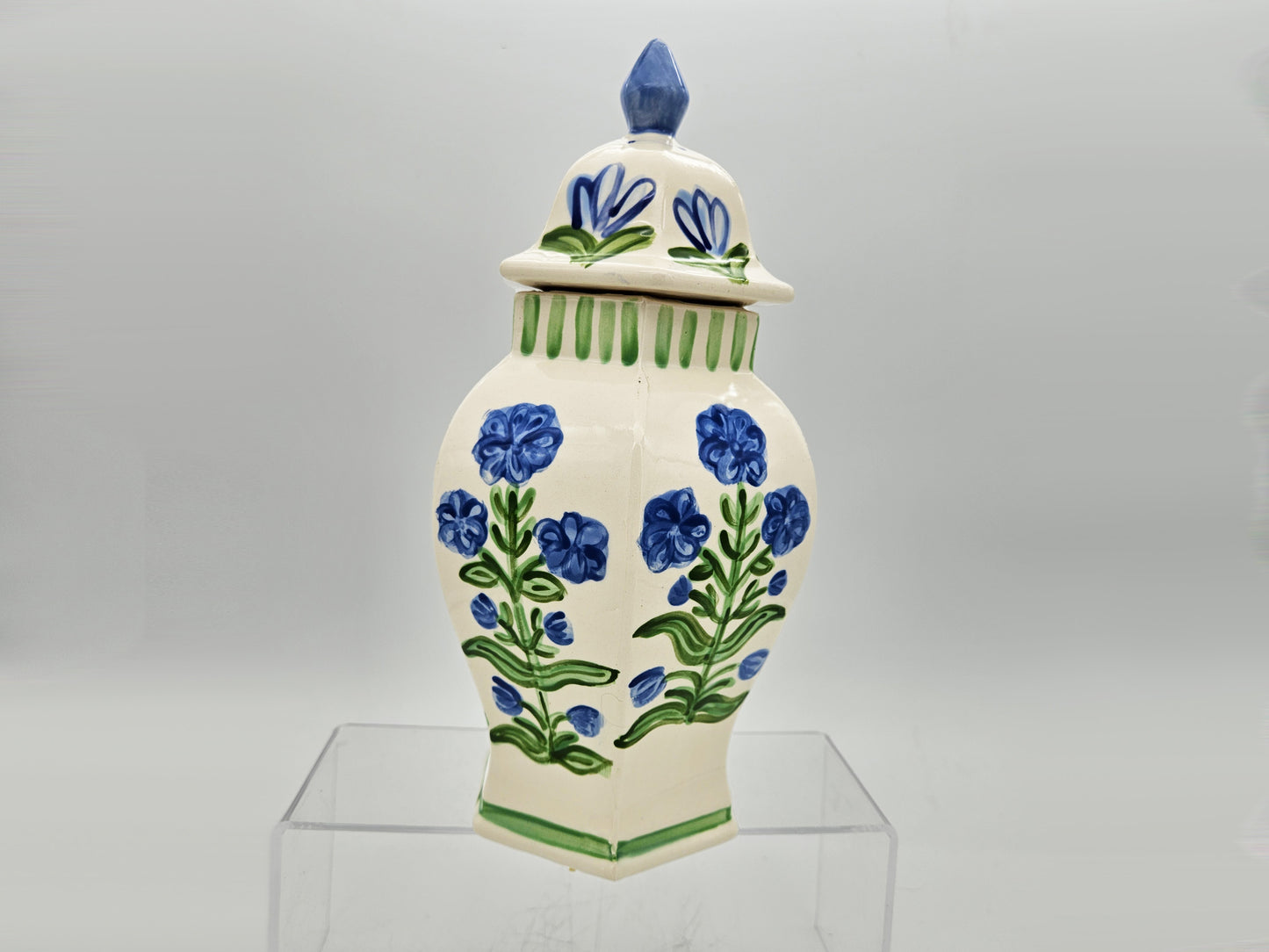 Hand Painted Ginger Jar Blue Asters Pattern - Large Hexagon