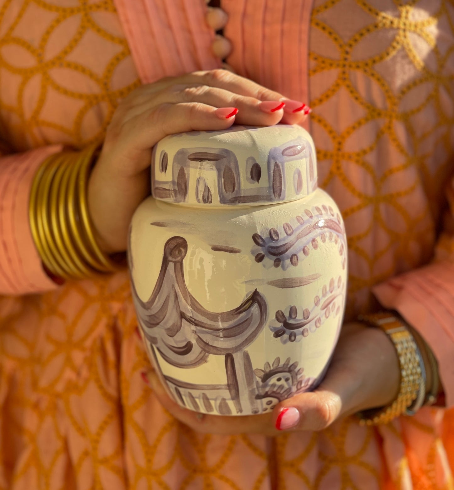 Hand Painted Chinoiserie Flat Top Ginger Jar - Lavender