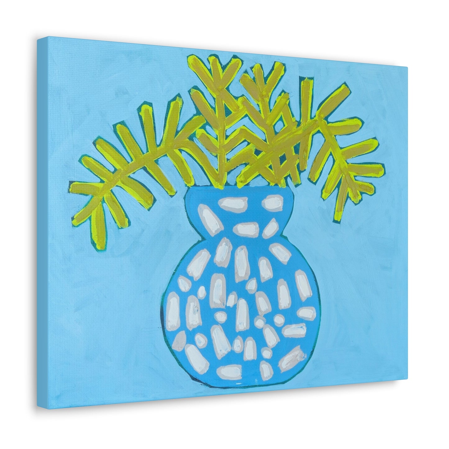 Canvas Print, Yellow Fern in a Blue Bowl, Floral Art