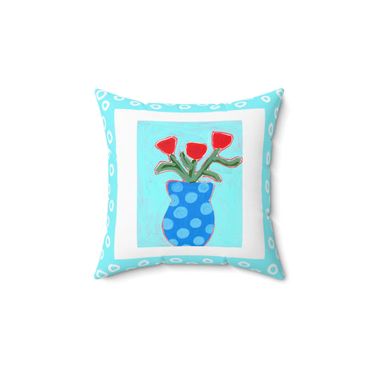 Floral Pillow, Red Flowers in Blue Vase on Turquoise Background, Accent Pillow