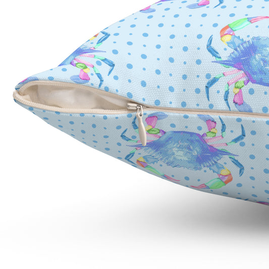 Blue Crab on Dotted Shore Pillow - Blue