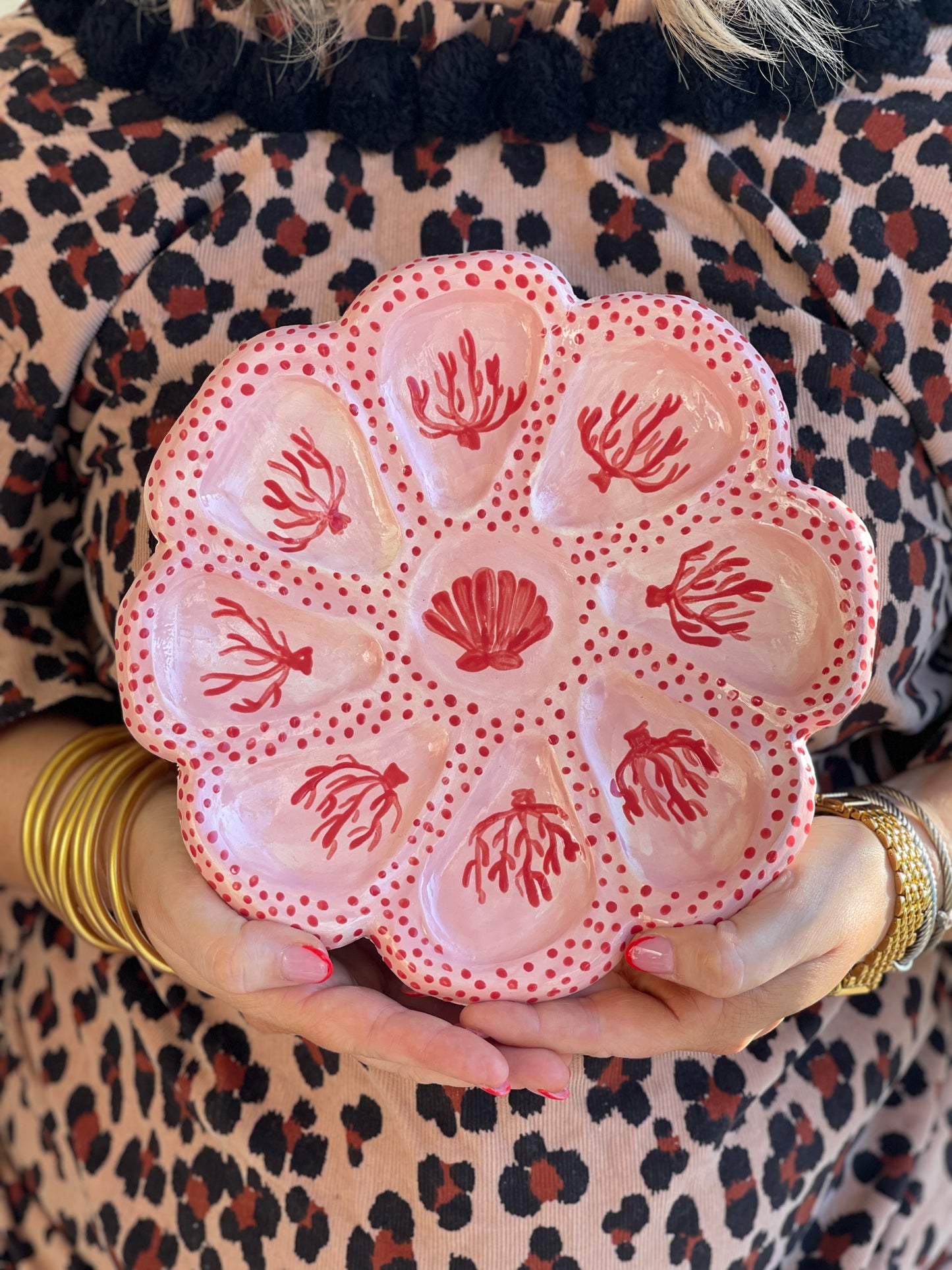 Hand Built Oyster Plate - Pink and Red Coral