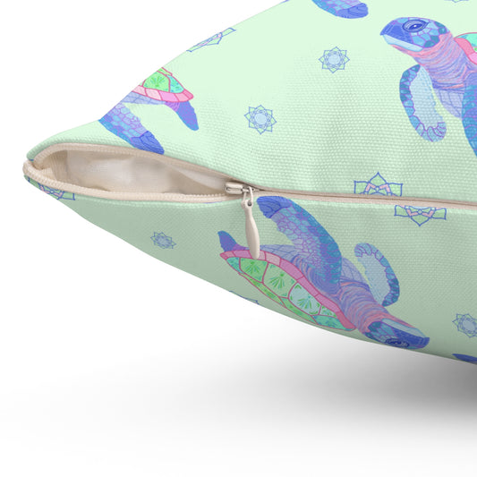 Sea Turtles With Sun Mandala Pillow - Green