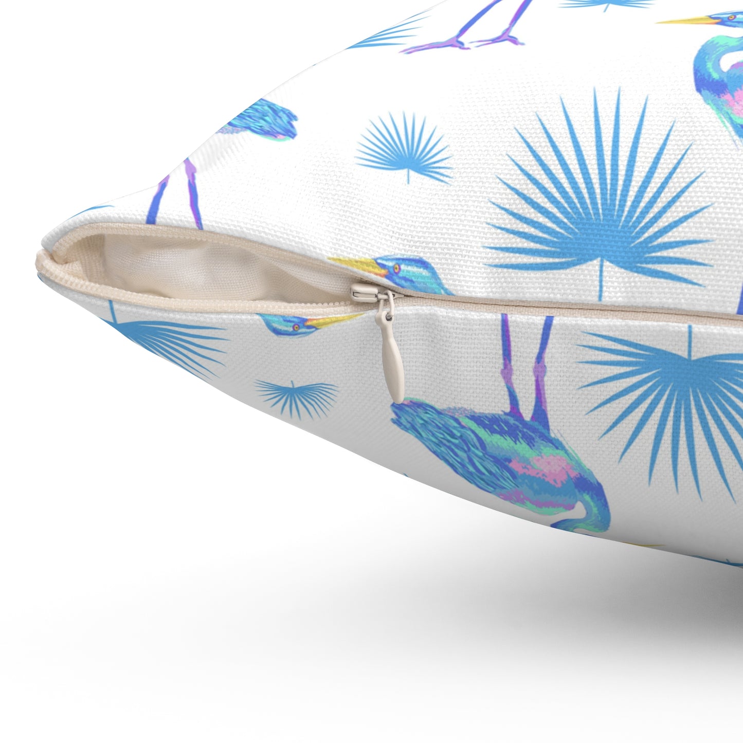 Blue Heron With Palmetto Fronds Pillow - White