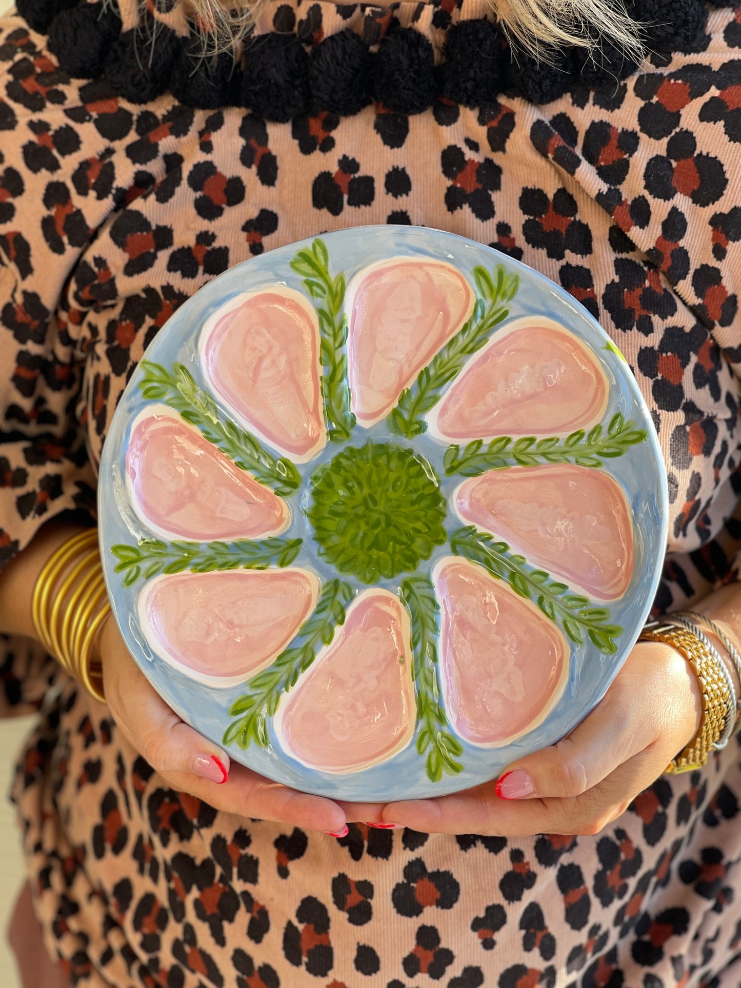 Hand Built Oyster Plate- Pink and blue