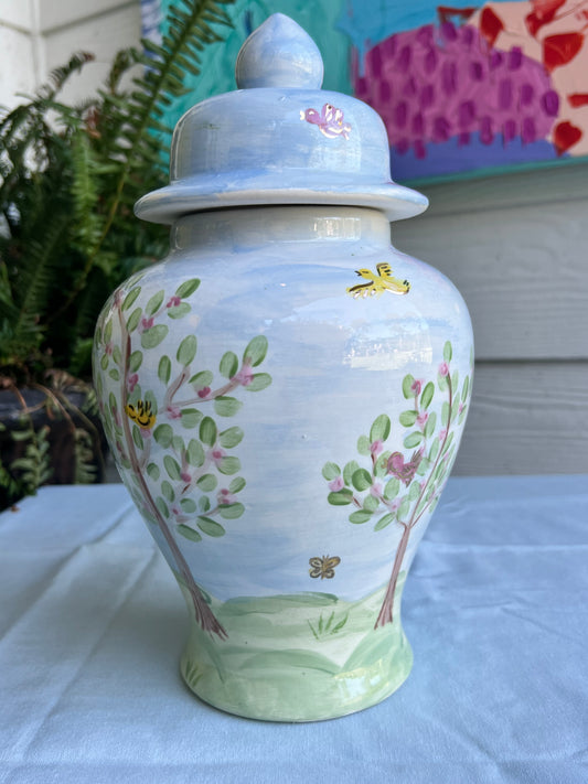 Hand Painted Ginger Jar- Watercolor Bird Scene Pattern with Handprint
