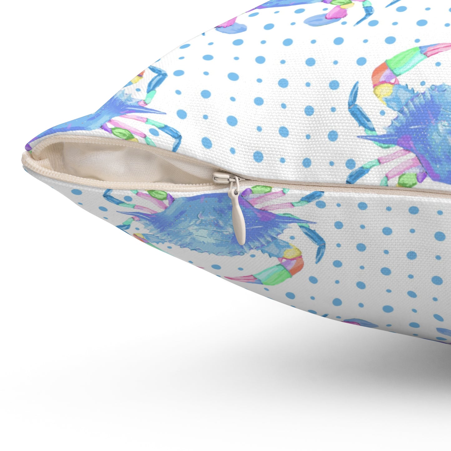 Blue Crab on Dotted Shore Pillow - White