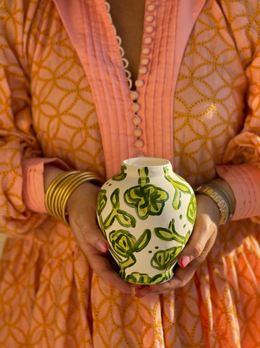 Hand Painted Signature Floral Vase - Small Green